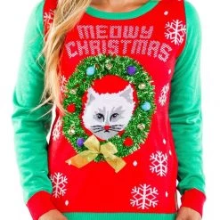 Tipsy Elves Women's Meowy Christmas Ugly Christmas Sweater