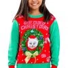 Tipsy Elves Boy's / Girl's Cat In Wreath Ugly Christmas Sweater