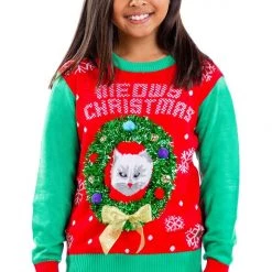 Tipsy Elves Boy's / Girl's Cat In Wreath Ugly Christmas Sweater