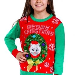 Tipsy Elves Boy's / Girl's Cat In Wreath Ugly Christmas Sweater