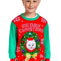 Tipsy Elves Boy's / Girl's Cat In Wreath Ugly Christmas Sweater