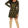 Tipsy Elves Women's Gold Foil Fair Isle Dress