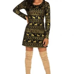 Tipsy Elves Women's Gold Foil Fair Isle Dress