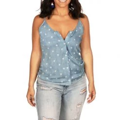 Tipsy Elves Women's Chambray Flag Button Down Tank Top