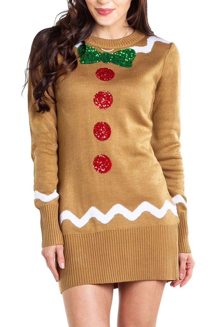 Tipsy Elves Women's Gingerbread Sweater Dress 2 Tipsy Elves Women's Gingerbread Sweater Dress