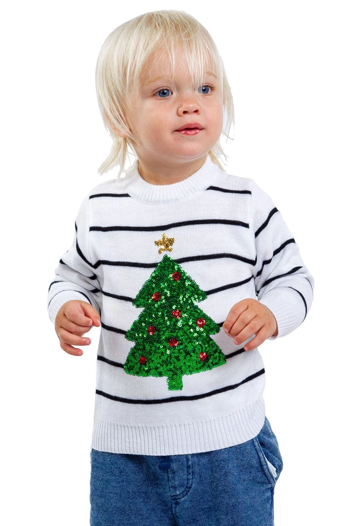 Tipsy Elves Baby / Toddler White Striped Tree Sweater 1 Tipsy Elves Baby / Toddler White Striped Tree Sweater